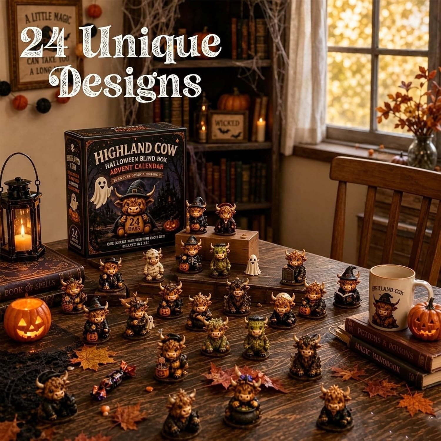 Halloween advent calendar and mini Highland cow figurines on a decorated party table