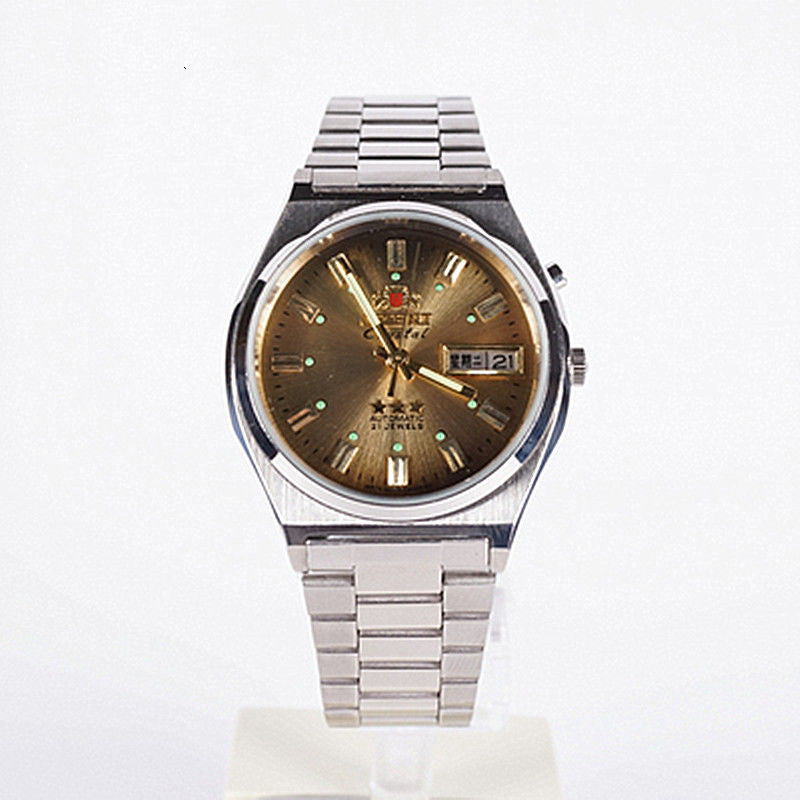 Champagne brown dial Orient Crystal 3 Star automatic watch on a steel bracelet