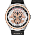 Rose gold Pagani Design skull watch with a rose gold skull on a white skeleton dial