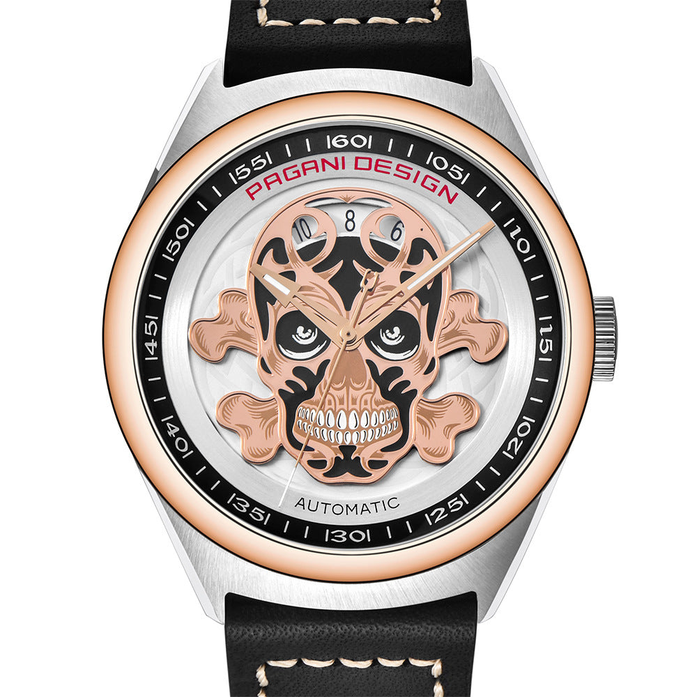 Rose gold Pagani Design skull watch with a rose gold skull on a white skeleton dial