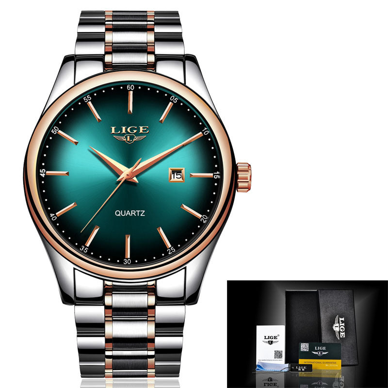 LIGE slim dress watch, green sunburst dial on a two-tone steel bracelet, shown with its gift box