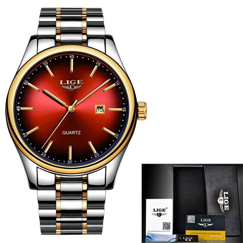 LIGE dress watch with a red sunburst dial and gold-tone bezel on a two-tone steel bracelet