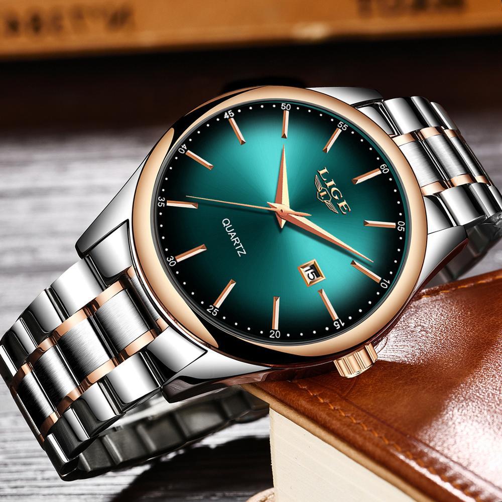 Angled view of the green dial LIGE watch showing the rose gold bezel and date window