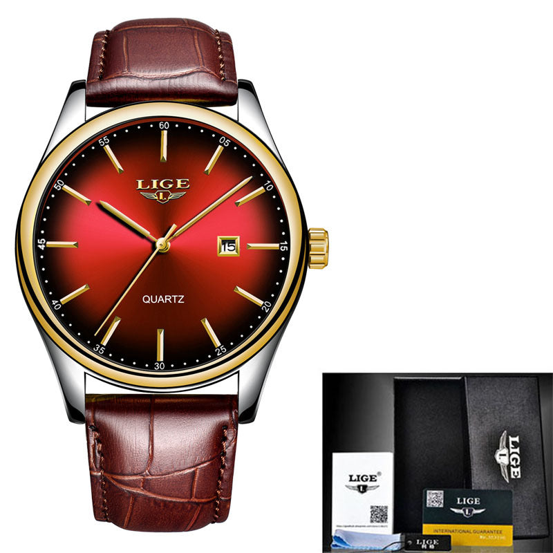 LIGE watch with a red dial on a brown leather-look strap, shown with its gift box