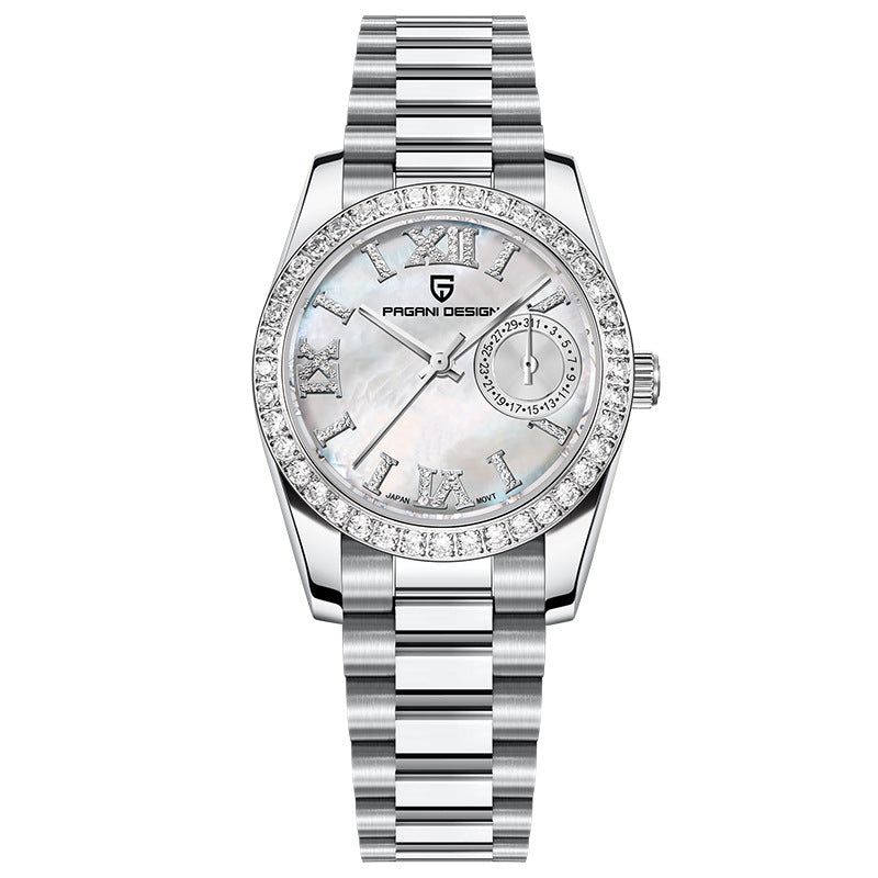 White dial Pagani Design ladies dress watch with crystal Roman numerals, front view