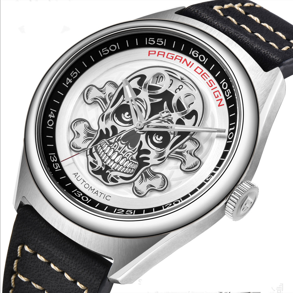 Angled view of the silver Pagani Design skull watch showing the cutaway skeleton dial and crown