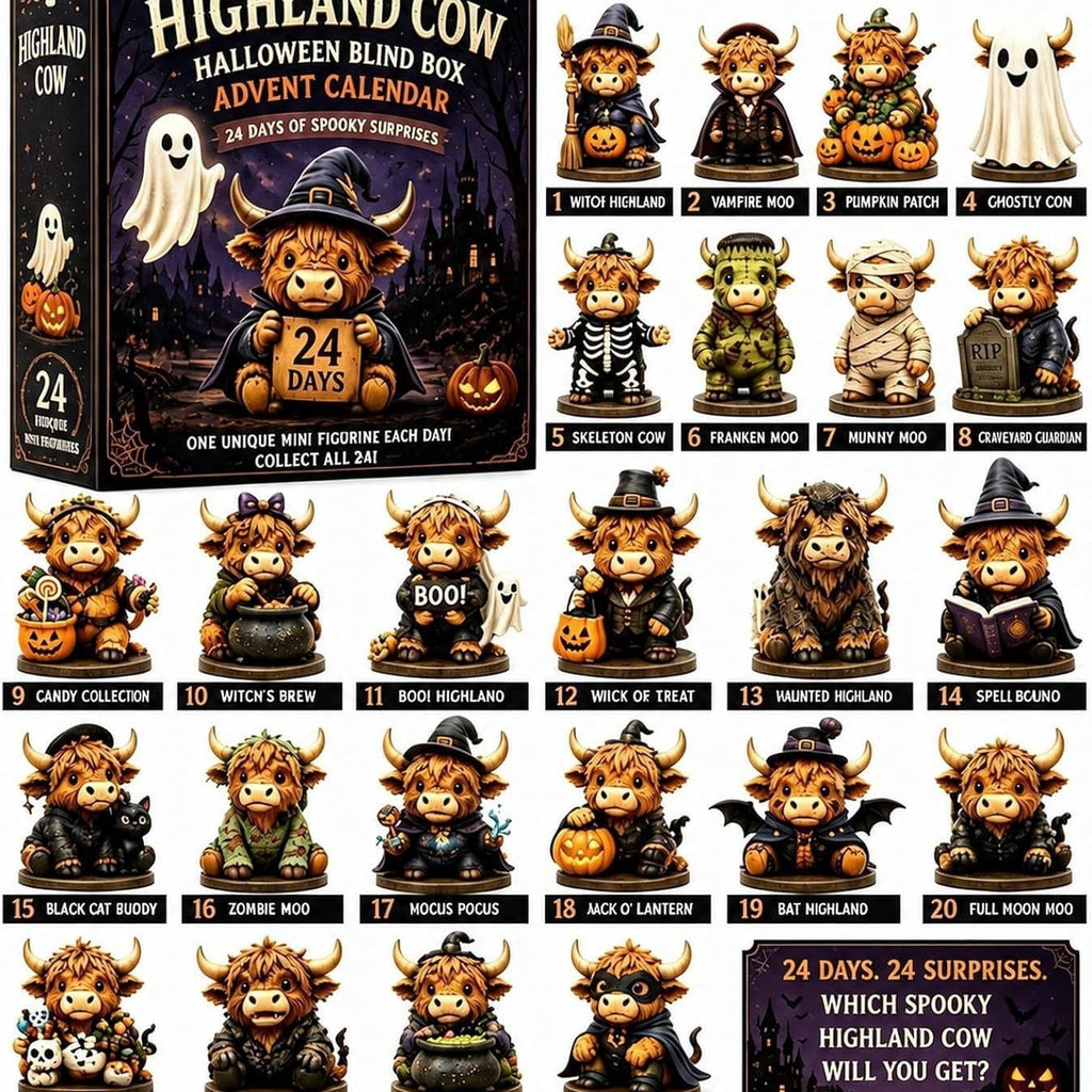 24 unique Halloween Highland cow figurine designs displayed with the advent calendar box