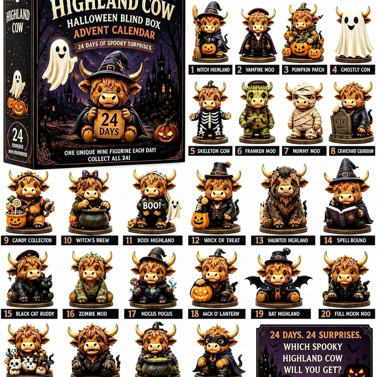 24 unique Halloween Highland cow figurine designs displayed with the advent calendar box
