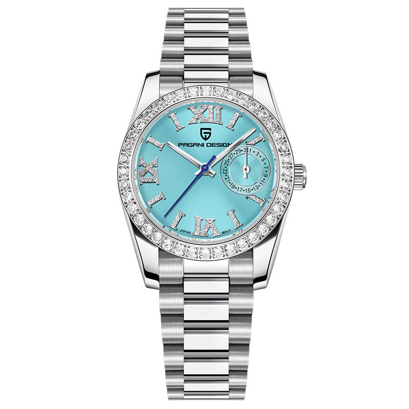 Ice blue dial Pagani Design ladies dress watch with a crystal bezel, front view