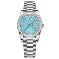 Ice blue dial Pagani Design ladies dress watch with a crystal bezel, front view