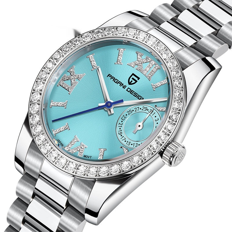 Close up of the ice blue Pagani Design ladies watch showing the crystal bezel and date sub-dial