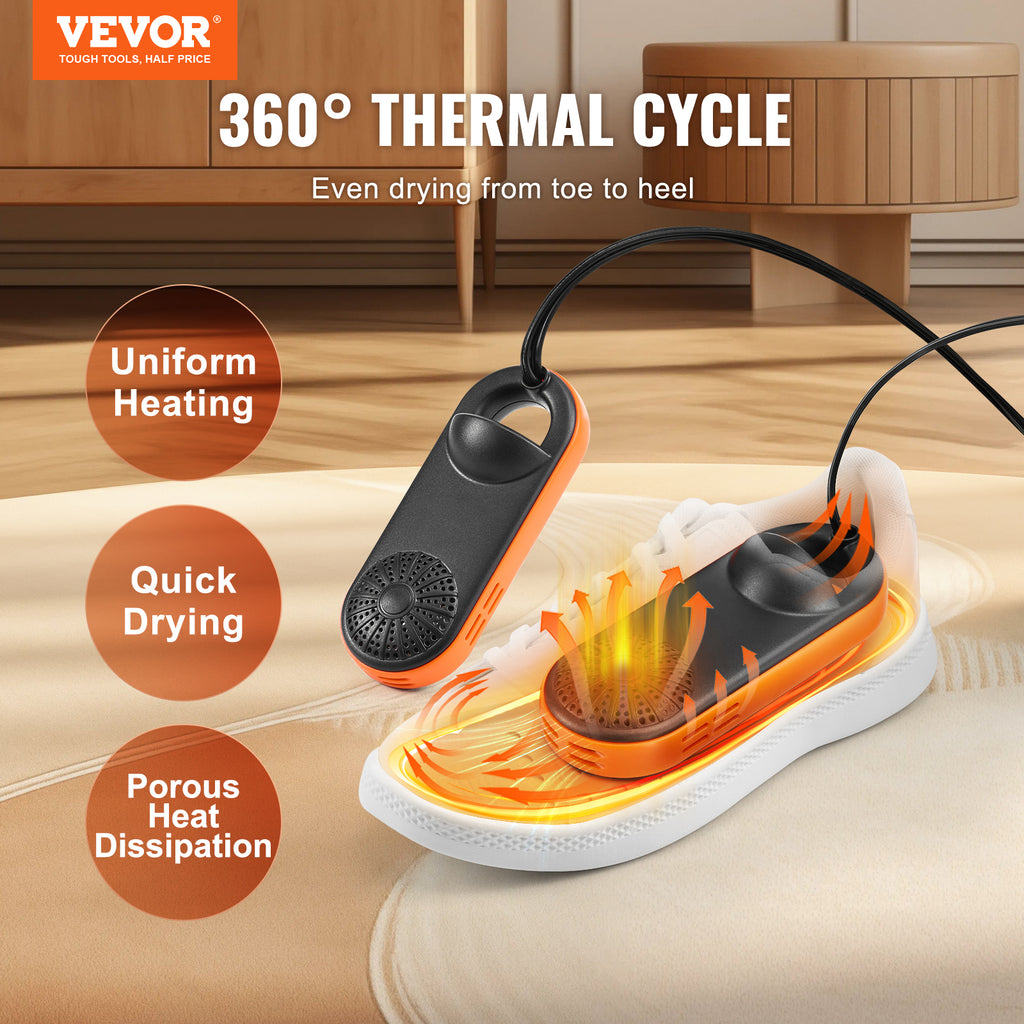 Pair of black and orange boot and shoe dryers with vented heat outlets