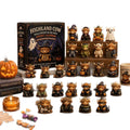 Mini Highland cow Halloween figurines arranged on wooden risers beside the calendar box