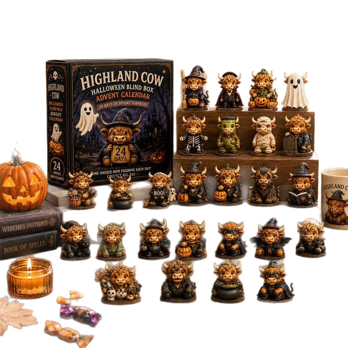 Mini Highland cow Halloween figurines arranged on wooden risers beside the calendar box