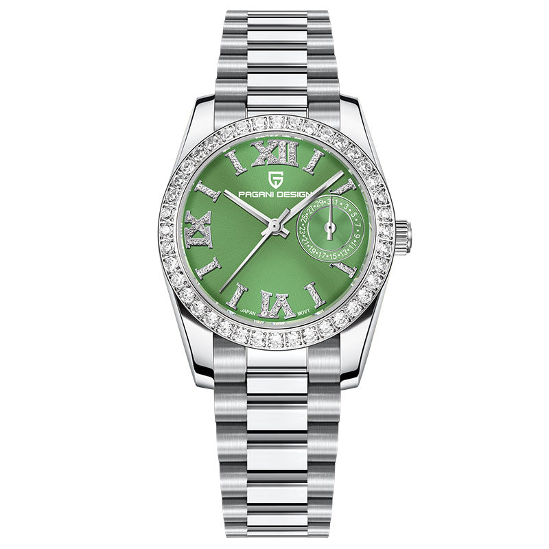 Sage green dial Pagani Design ladies dress watch with a pointer date sub-dial, front view