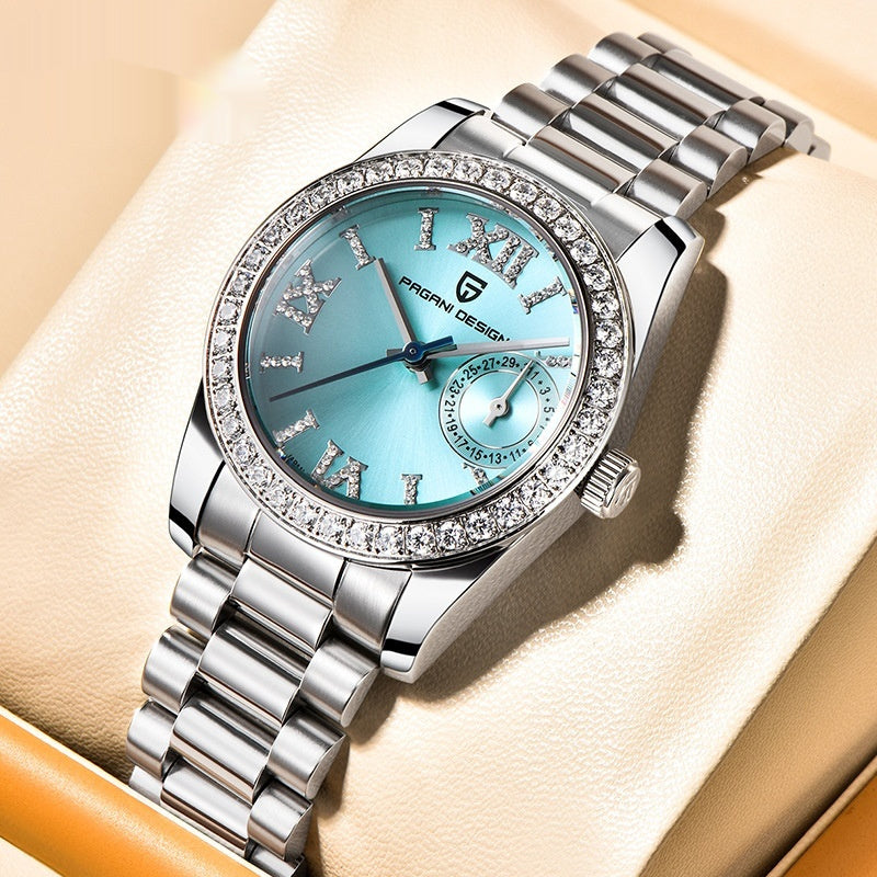 Ice blue dial Pagani Design ladies watch with a crystal set bezel on a steel bracelet