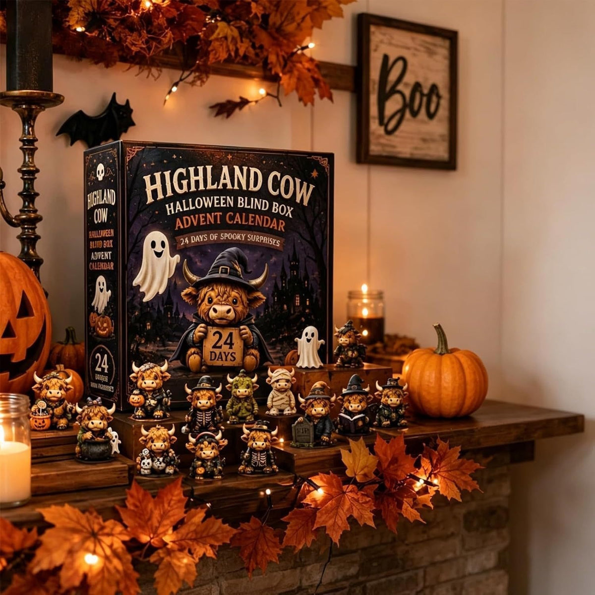 Highland Cow Halloween Advent Calendar box on a mantel with pumpkins and fall leaves