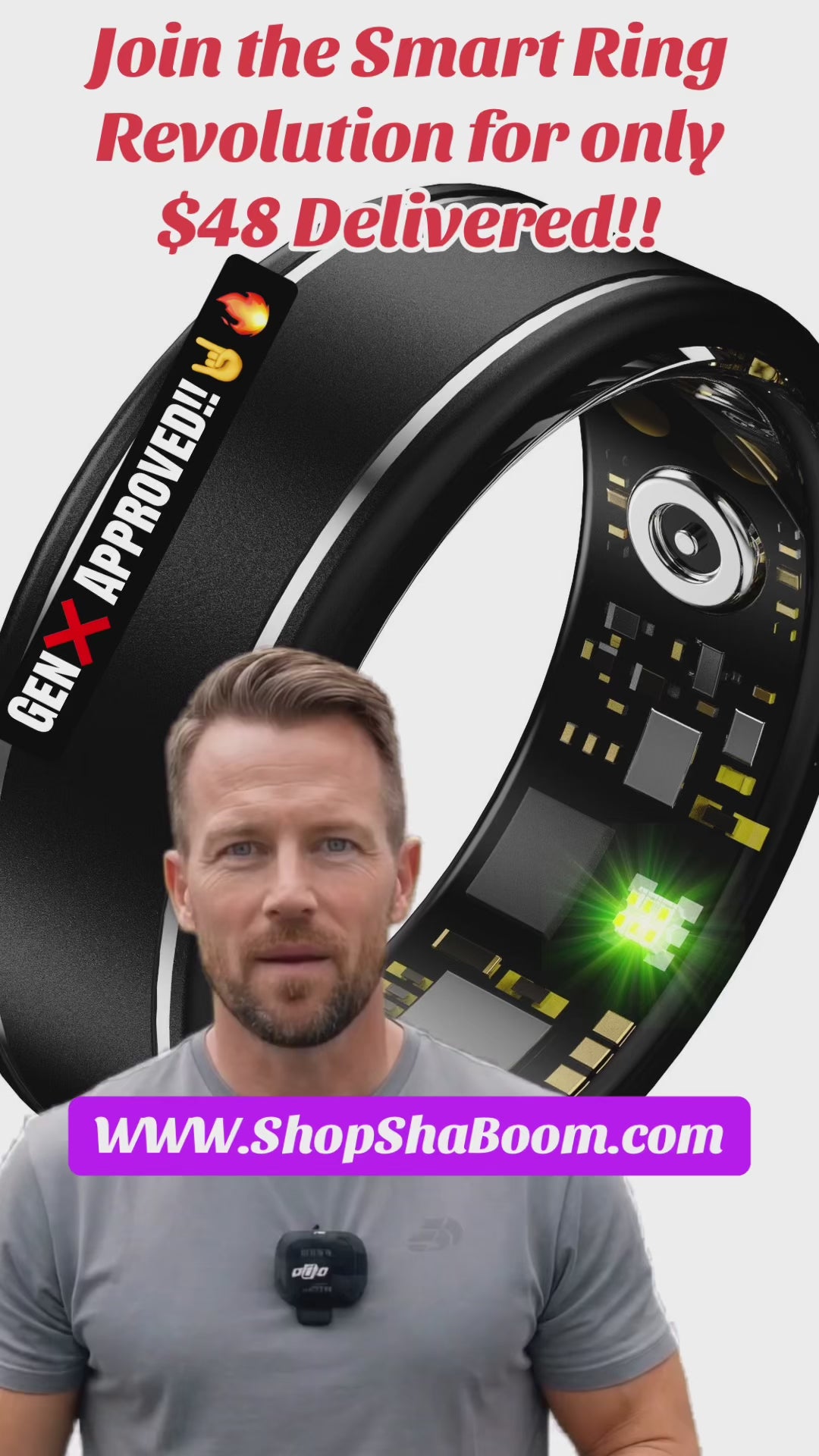 ShaBoom Smart Ring: Heart Rate & Health Tracker (Black or Silver, Sizes 7-14)